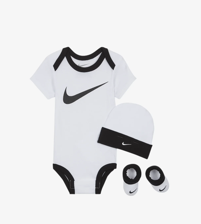 nike 3 piece set bodysuit hat & booties white and black neonato