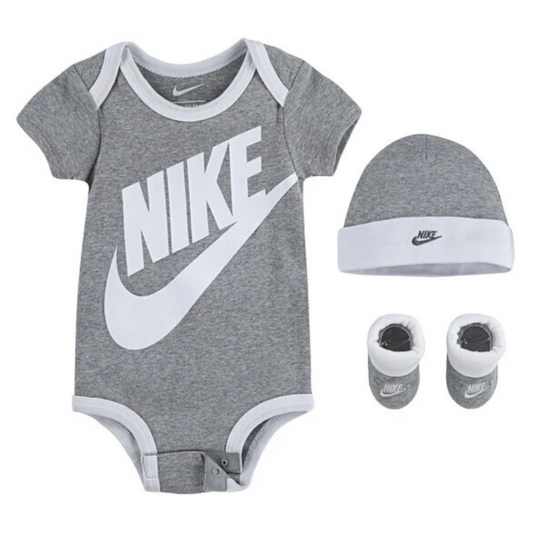 NIKE 3 PIECE SET BODYSUIT HAT & BOOTIES GREY NEONATO
