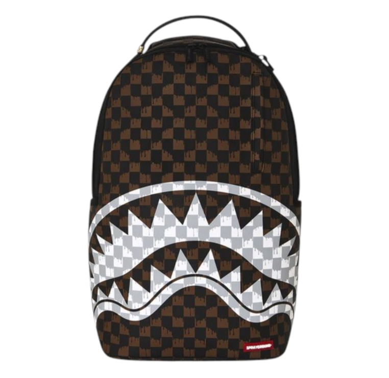 sprayground brown and cream drip check shark backpack
