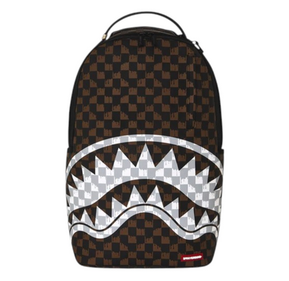 SPRAYGROUND BROWN AND CREAM DRIP CHECK SHARK BACKPACK