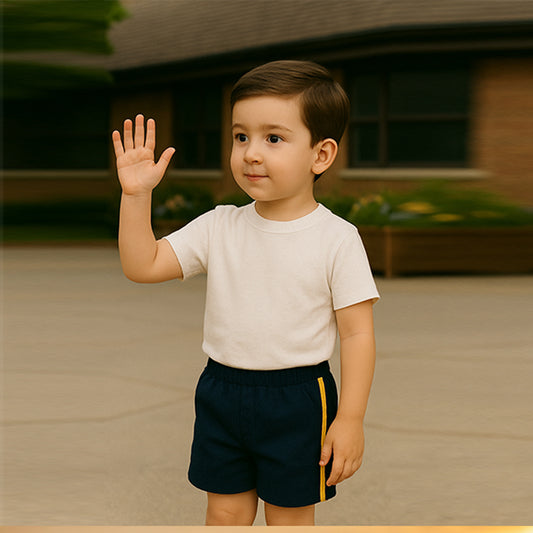 Divisa Scolastica Pantaloncino elasticizzato bambini con profili – Blu/Giallo (ENGLISH ADVENTURES)